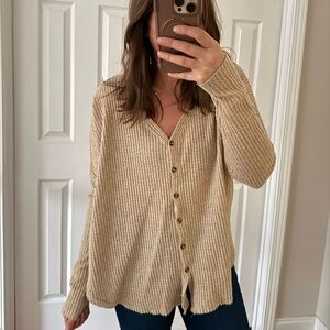 Women's Beige Button-Up Ribbed Top